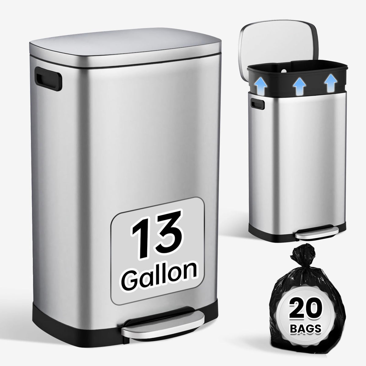 ELPHECO Kitchen Trash Can with Lid 13 Gal Stainless Steel Pedal Garbage Can