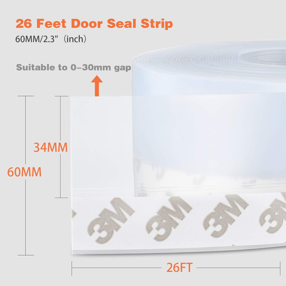 26 Feet Silicone Seal Strip, Transparent, 60MM - Door & Window Seal, Draft Stopper, Adhesive Tape