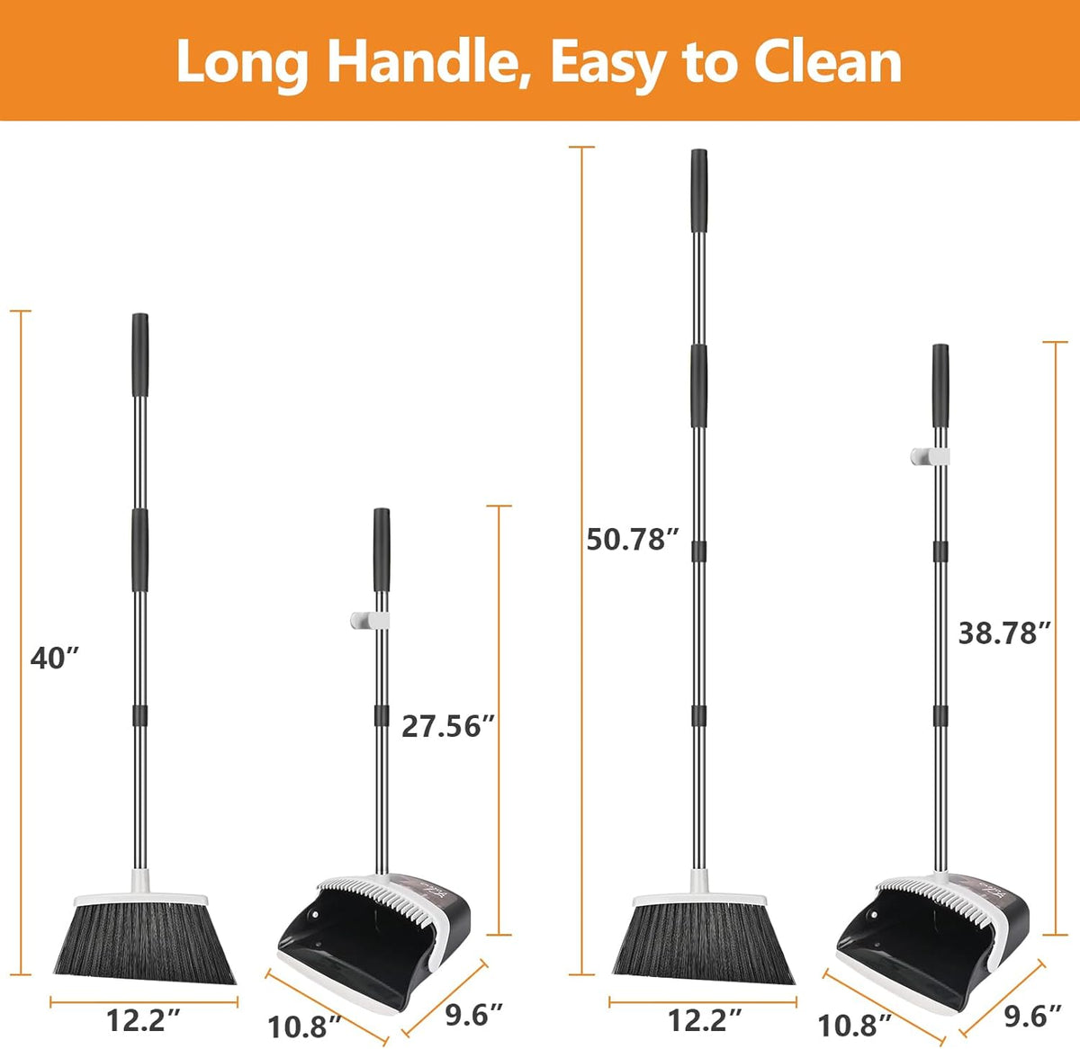 Broom and Dustpan Set, Heavy Duty Dust Pan with Long Handle 51 Inch Broom with Dustpan Combo Set