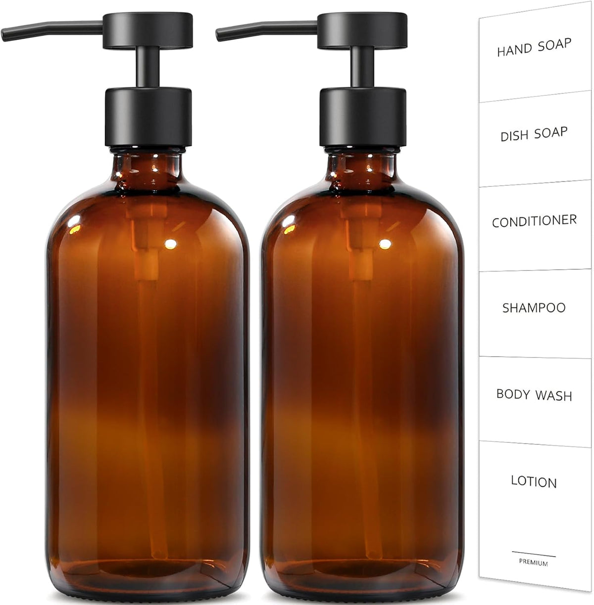 GMISUN Amber Glass Soap Dispenser, 2 Pack Bathroom Hand Soap Dispensers with Stainless Steel Flat