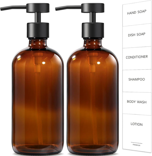 GMISUN Amber Glass Soap Dispenser, 2 Pack Bathroom Hand Soap Dispensers with Stainless Steel Flat