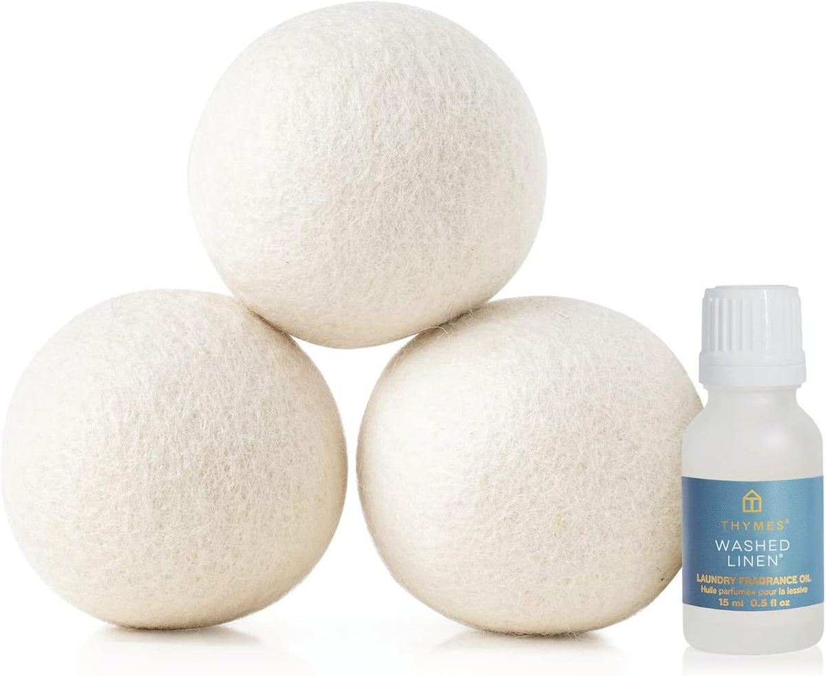 Thymes Wool Dryer Balls Set – Includes 3 Wool Laundry Balls + 1 Scented Laundry Fragrance Oil for