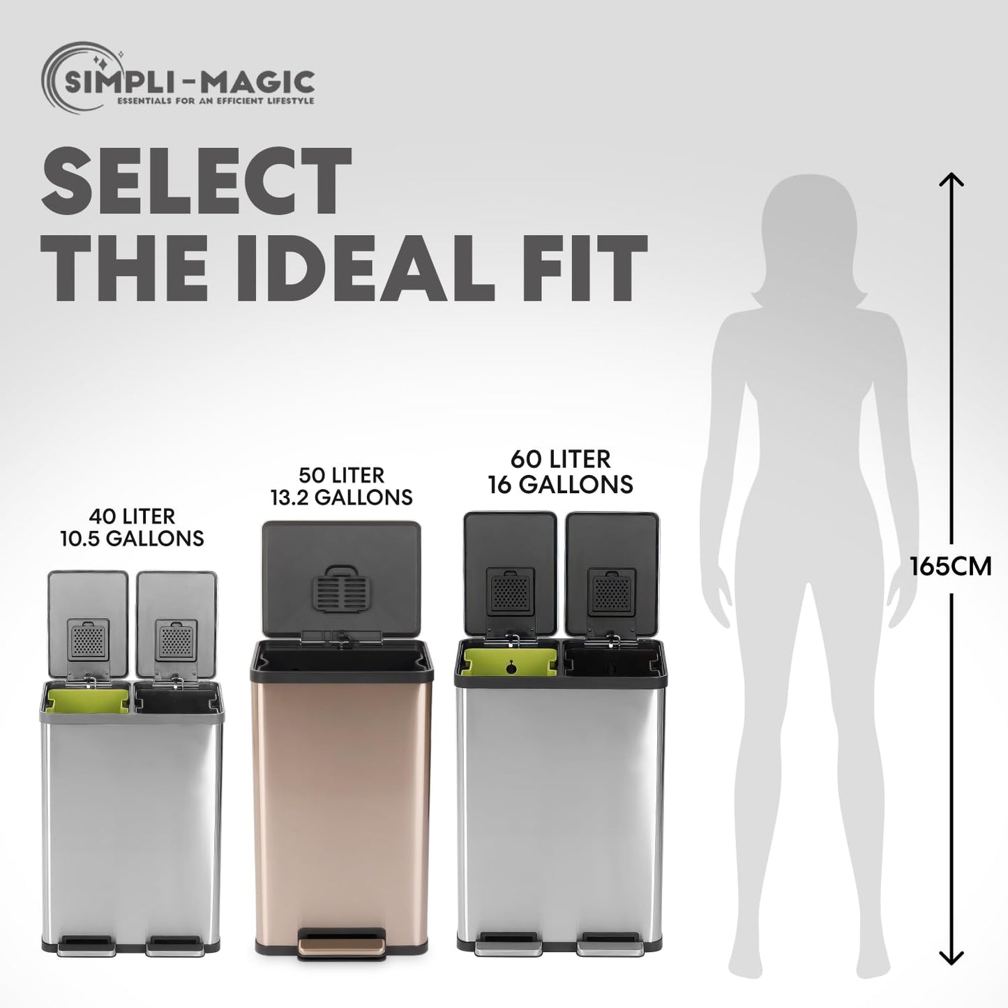 SIMPLI-MAGIC 13.2 Gallon (50L) Step Trash Can – Kitchen Garbage Can with Slow-Close Lid – Odor