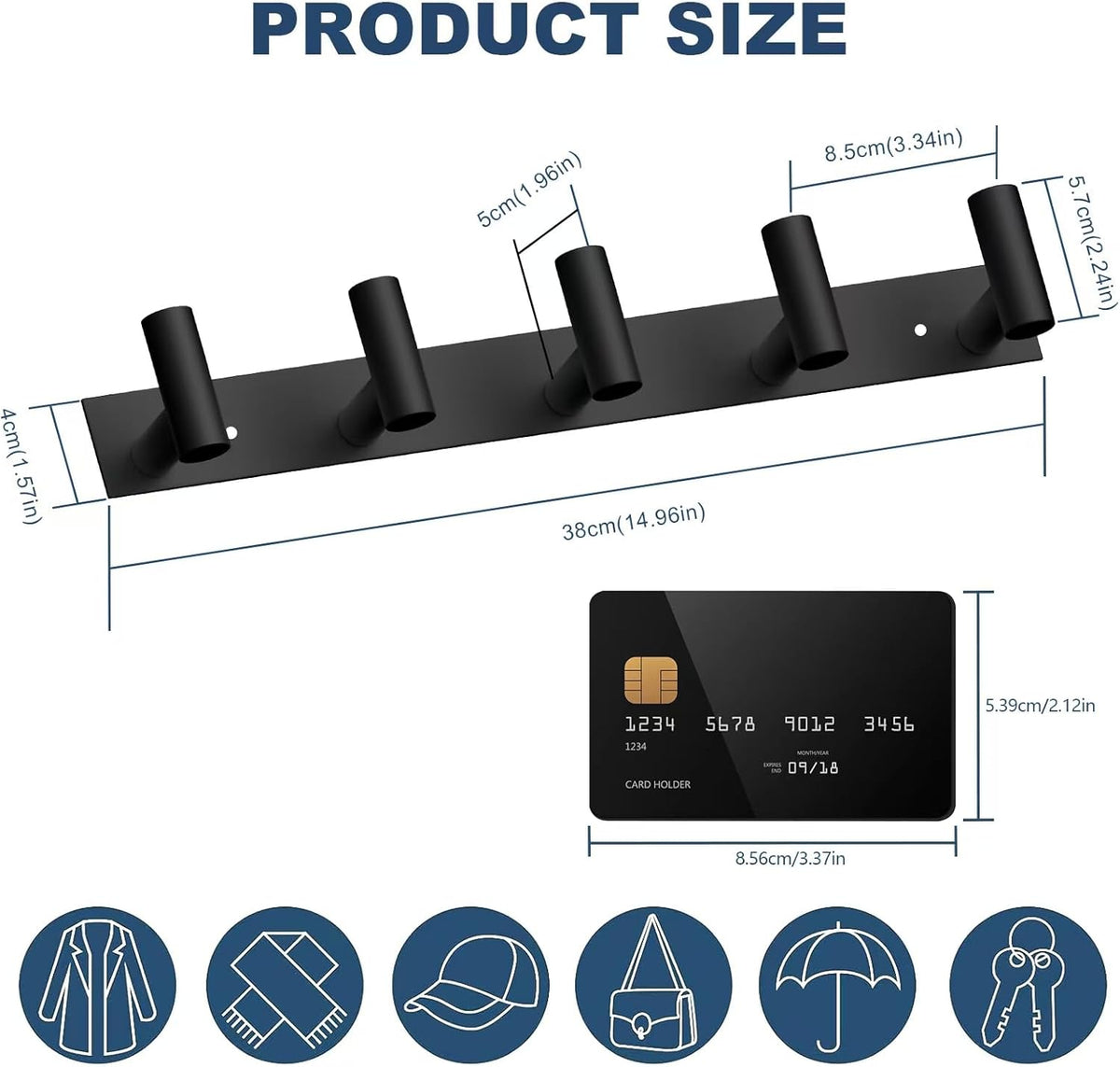 VAEHOLD Black Hat and Coat Wall Mount Rack 5 Hooks for Robes, Bags, Keys, and Towels Bathroom Towel