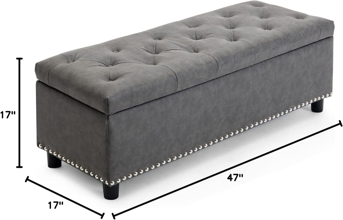 BELLEZE 47" Storage Ottoman, Storage Bench with Safety Close Hinge, Faux Leather Button-Tufted