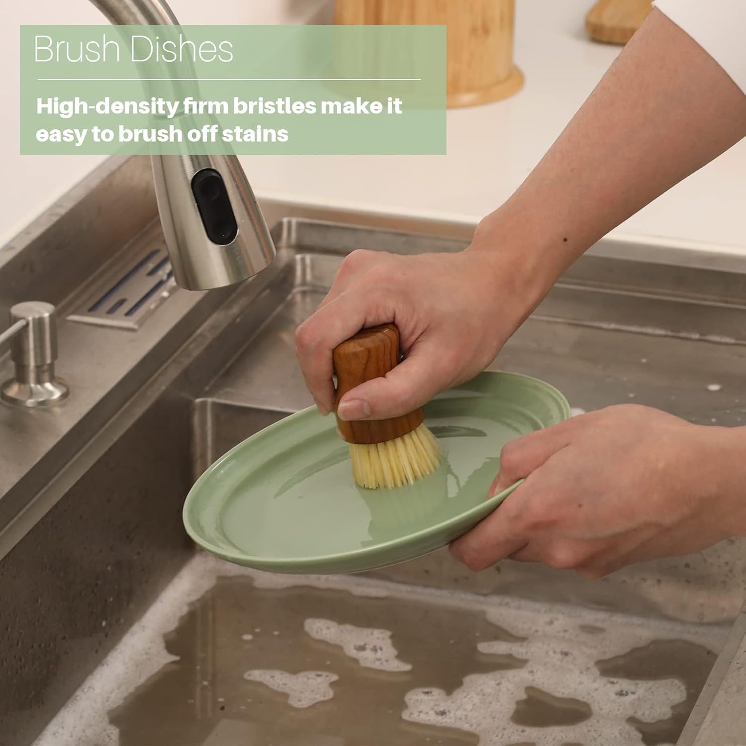 Teak Dish Scrub Brush 3PCS by HTB, Good Grip Small Wooden Dish Brush with Teak Handle & Sisal