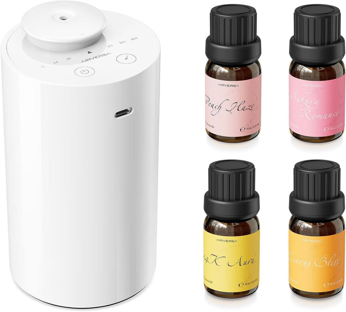 Airversa Waterless Essential Oil Diffuser Starter Kit with 4 x 10mL Fragrance Scent Oil, Battery