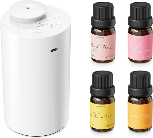 Airversa Waterless Essential Oil Diffuser Starter Kit with 4 x 10mL Fragrance Scent Oil, Battery
