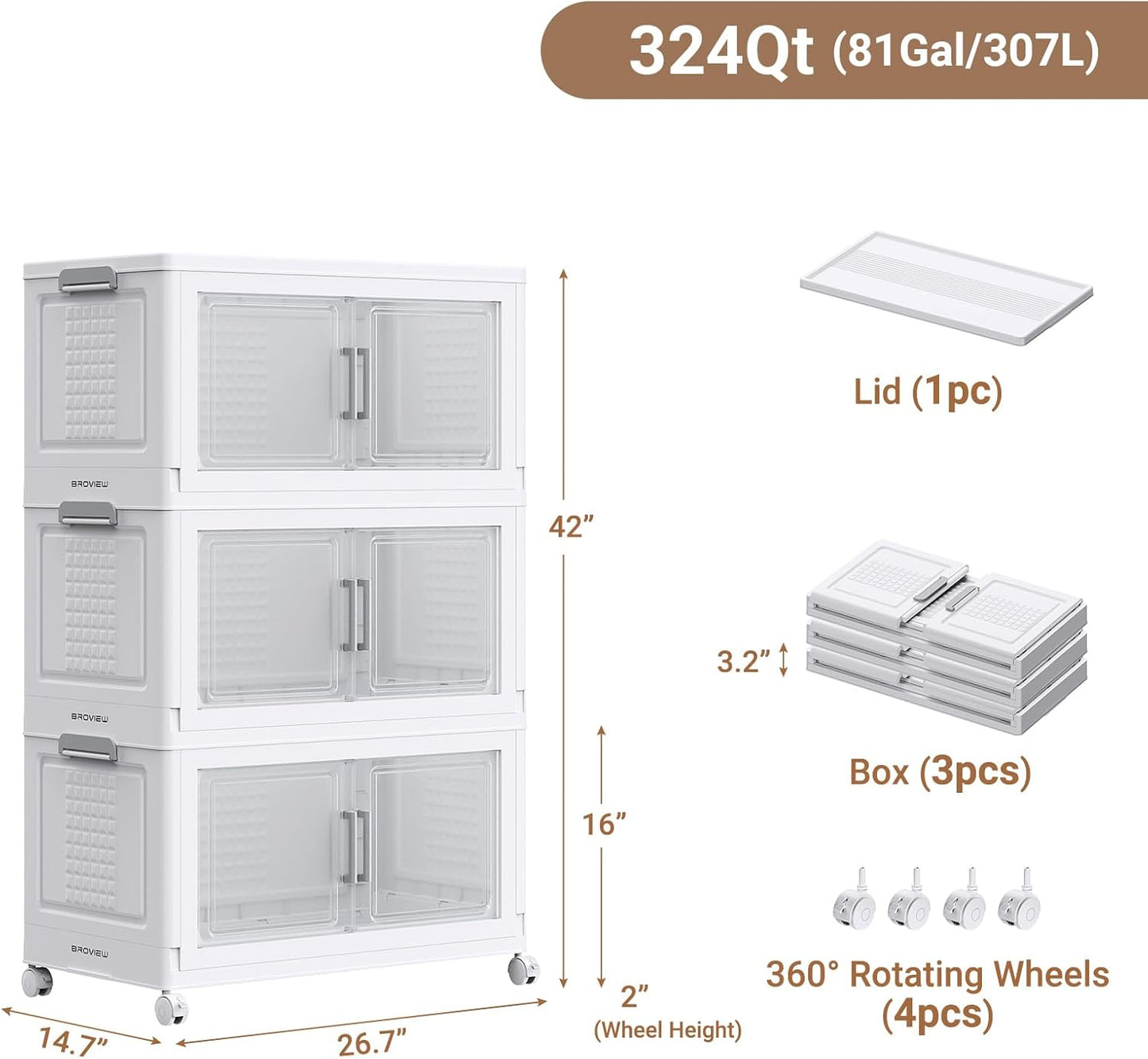 BROVIEW 324 Qt Plastic Storage Bins with Lid, Doors & Wheels, 3Pack Extra Large Stackable