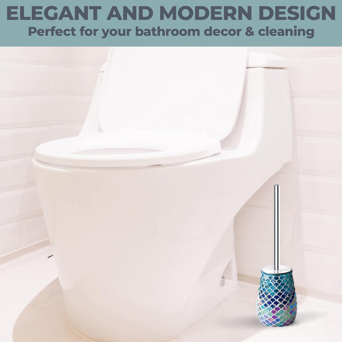 Escenzy Mermaid Bathroom Toilet Brush and Holder Set Mosaic Glass | Non-Rustic Stainless Steel |
