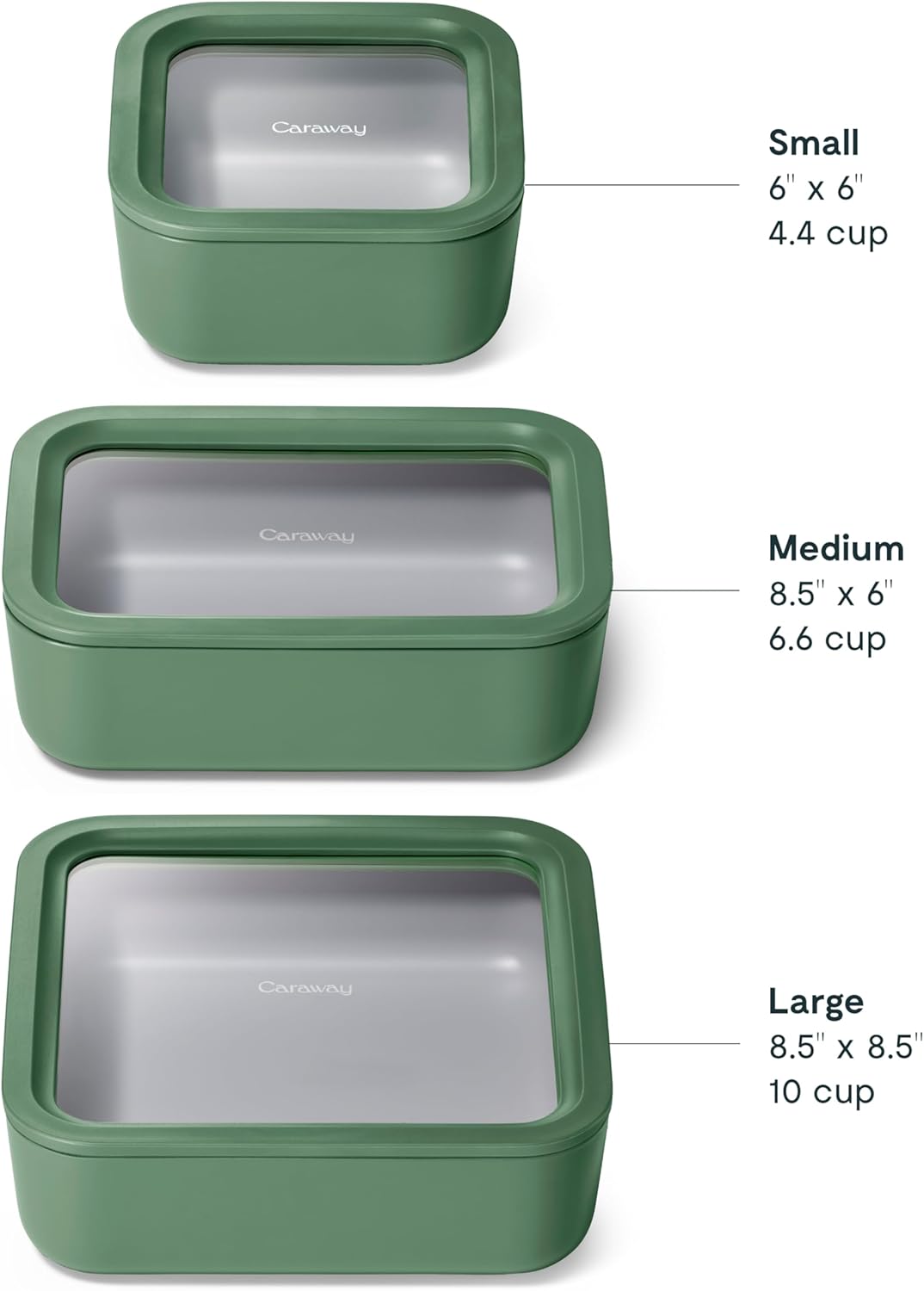Caraway 3pc Glass Food Storage Set – 10 Cup, 6.6 Cup, & 4.4 Cup Food Containers - Ceramic Coated