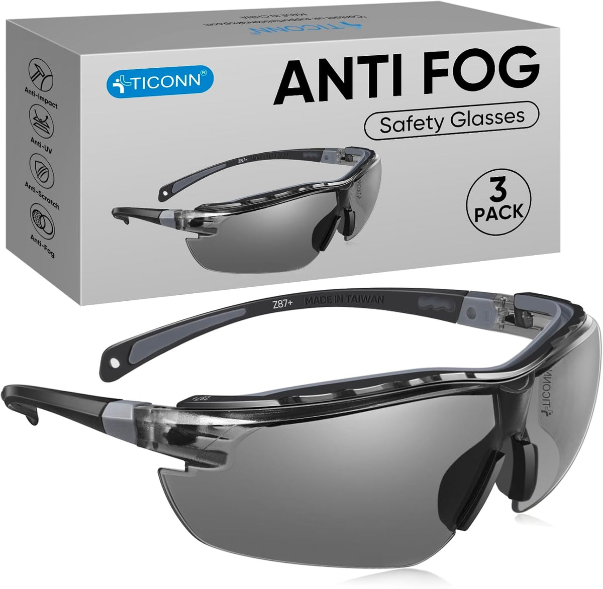 TICONN Anti-Fog Safety Glasses for Men and Women, ANSI Z87.1 Scratch Proof Eye Goggles with