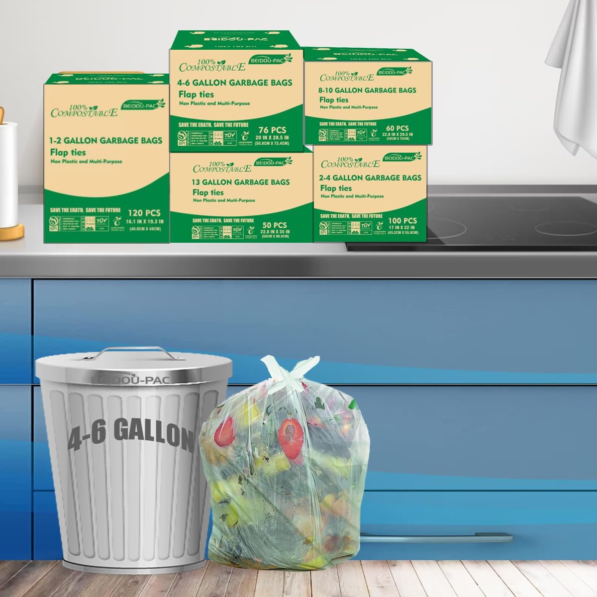 4-6 Gallon Flap Tie Compostable Trash Bags, 76 Count, Kitchen Compost Bags, Sturdy Biodegradable