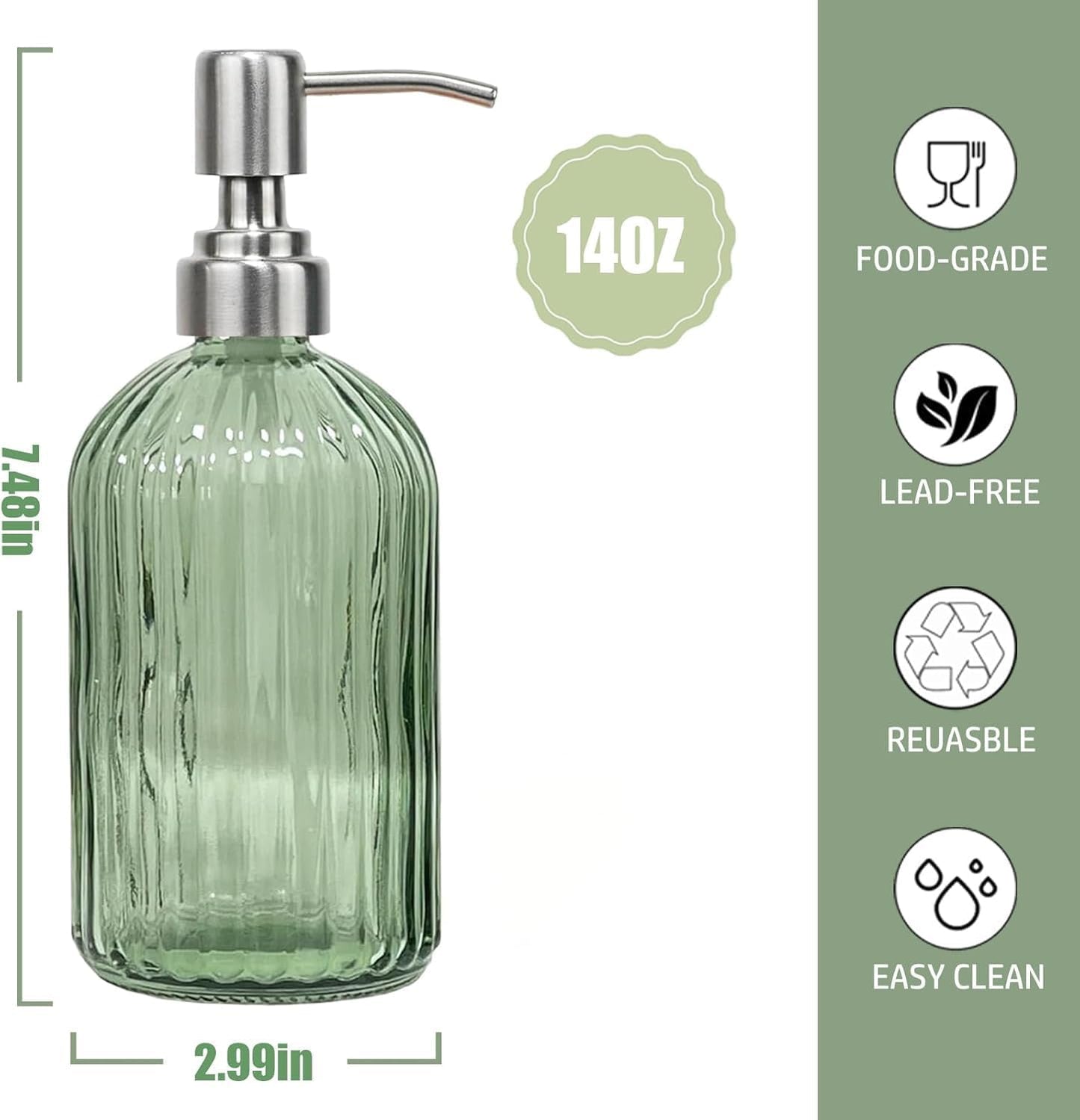 14Oz Green Soap Dispenser Bathroom - 2 Pack, Clear Glass Hand Soap Dispensers with Stainless Steel