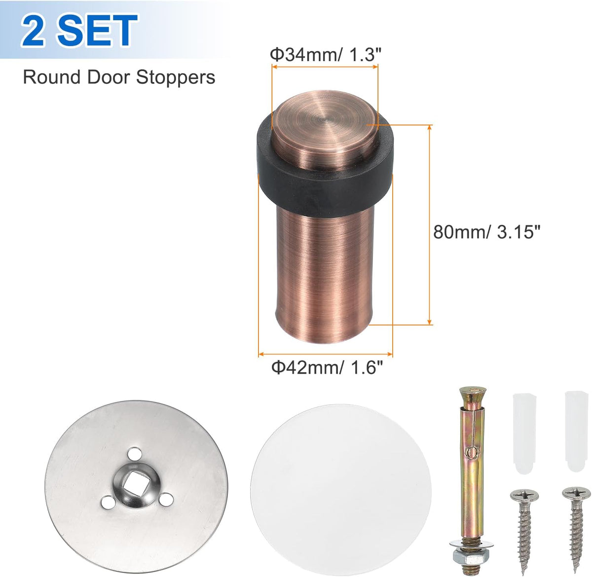 PATIKIL 2Set Round Door Stoppers, 80mm Stainless Steel Door Stop Doorstop Wedge Metal Cylinder Self