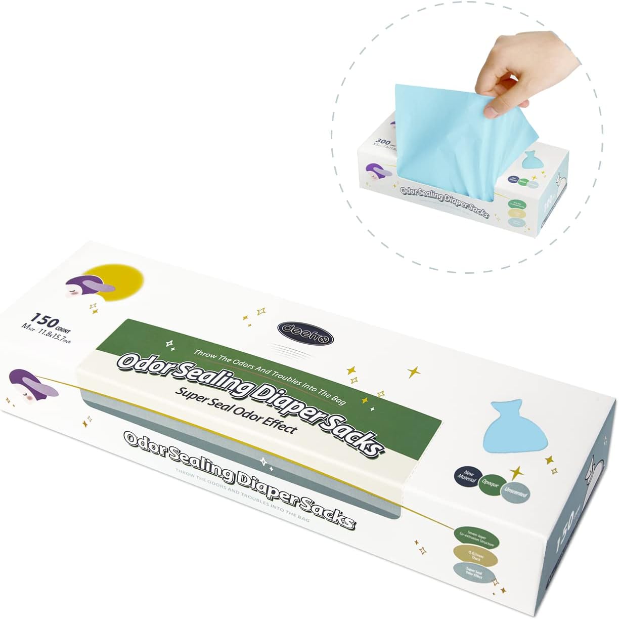 Odor Sealing Disposable Diaper Bags, 150 Count, Blue, Large Capacity, Unscented Diaper Trash Bags