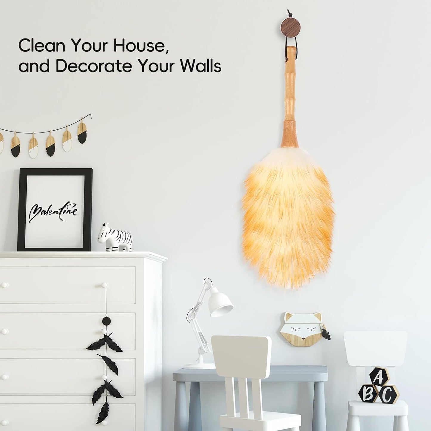 Feather Duster, Lambswool Duster for Cleaning,with Solid Wooden Handle,Leather Hang