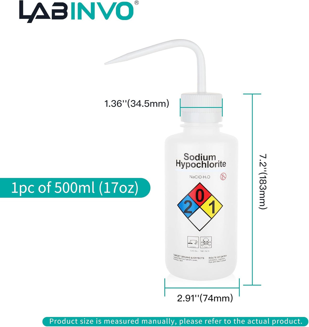 Sodium Hypochloride Wash Bottles, Vol.500ml (17oz), Narrow Mouth, Self-Venting Safety Wash Bottles