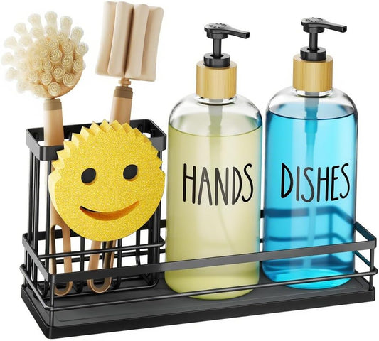 Moforoco Kitchen Dish Soap Dispenser Set, 16OZ Glass Bottle, Hand and Dish Soap Dispenser Set