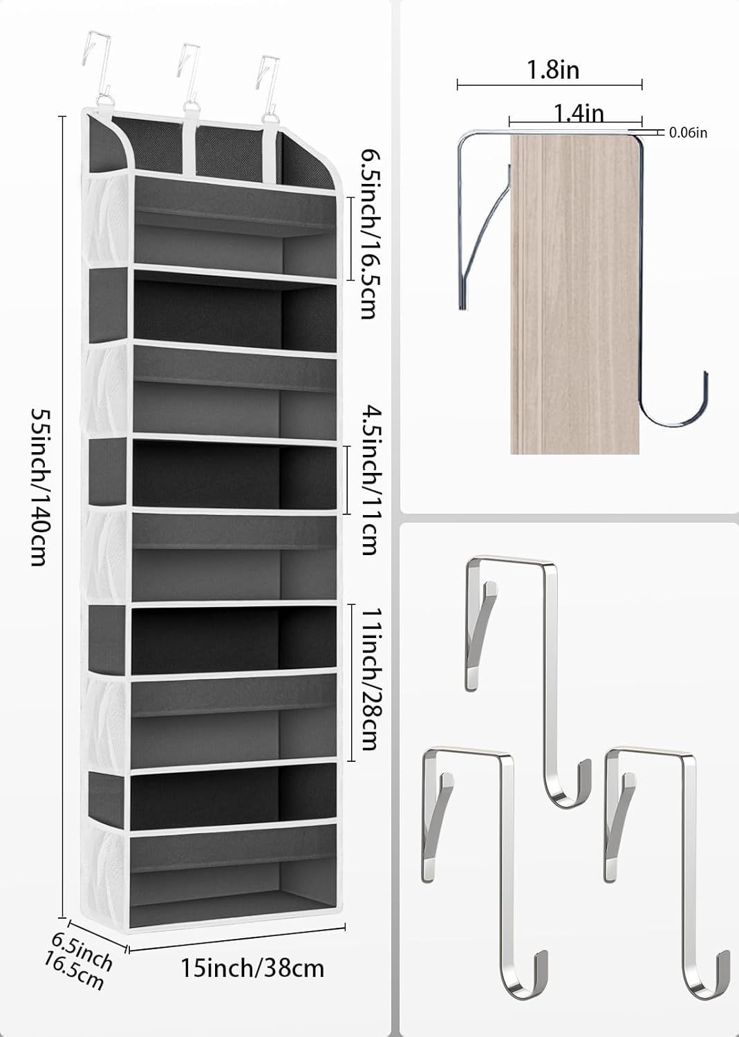 1 Pack Over The Door Organizer Storage, Hanging Organizer Closet with 5 Large Pockets 10 Mesh