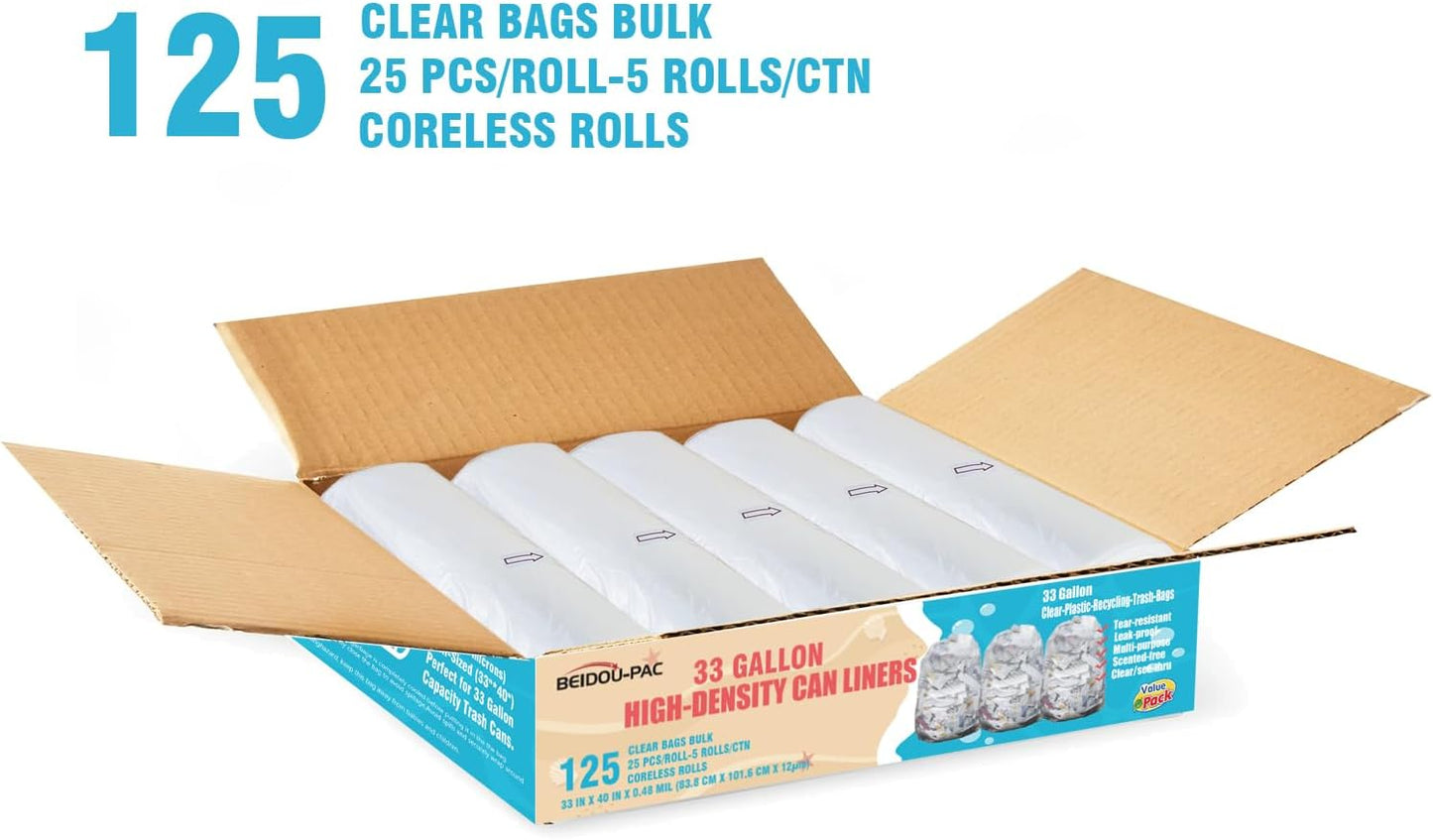 33 Gallon Trash Bags, 125 Count Bulk, Heavy Duty Clear Plastic Recycling Bags, Multi-purpose