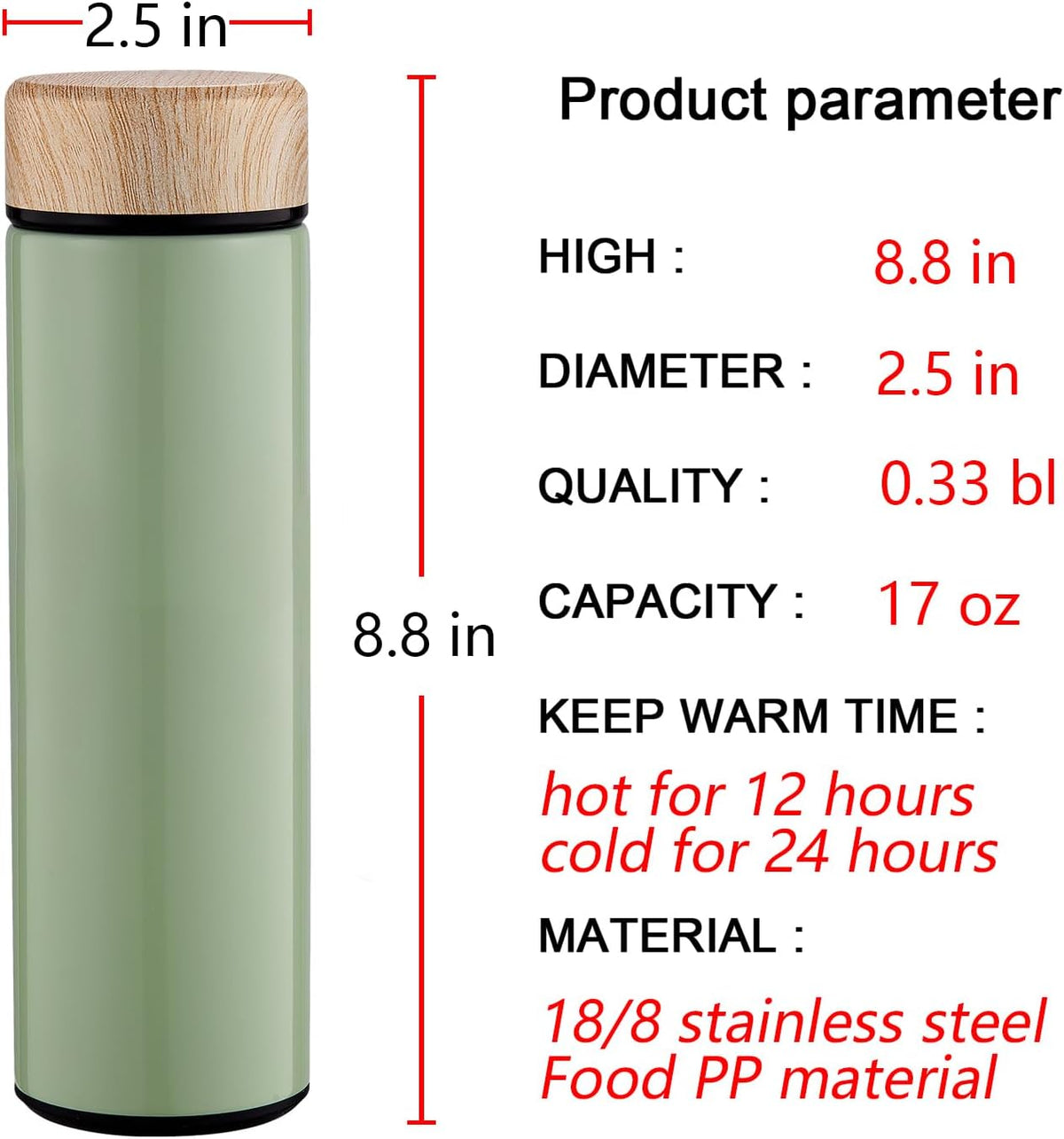 15oz Water Bottle Stainless Steel Thermos Flask - Insulated Vacuum, Leak Proof, Keeps Drinks