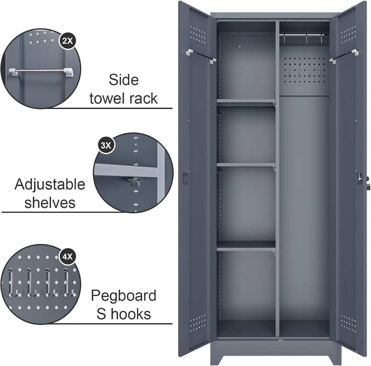 Broom Closet Storage Cabinet, Steel Locking Cabinet with Hanging Rod, 65" Cleaning Storage with
