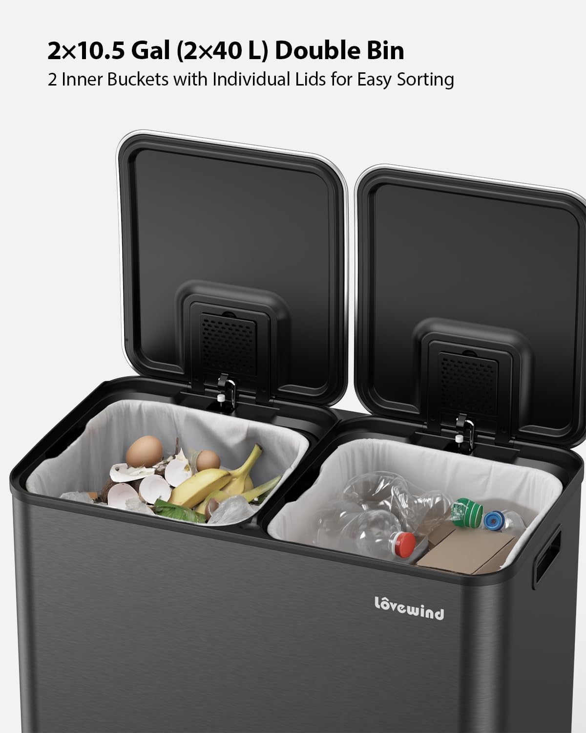Lovewind Trash Can, 2 x 10.5 Gallon (2 x 40 L) Garbage Can for Kitchen Dual Compartment Recycling