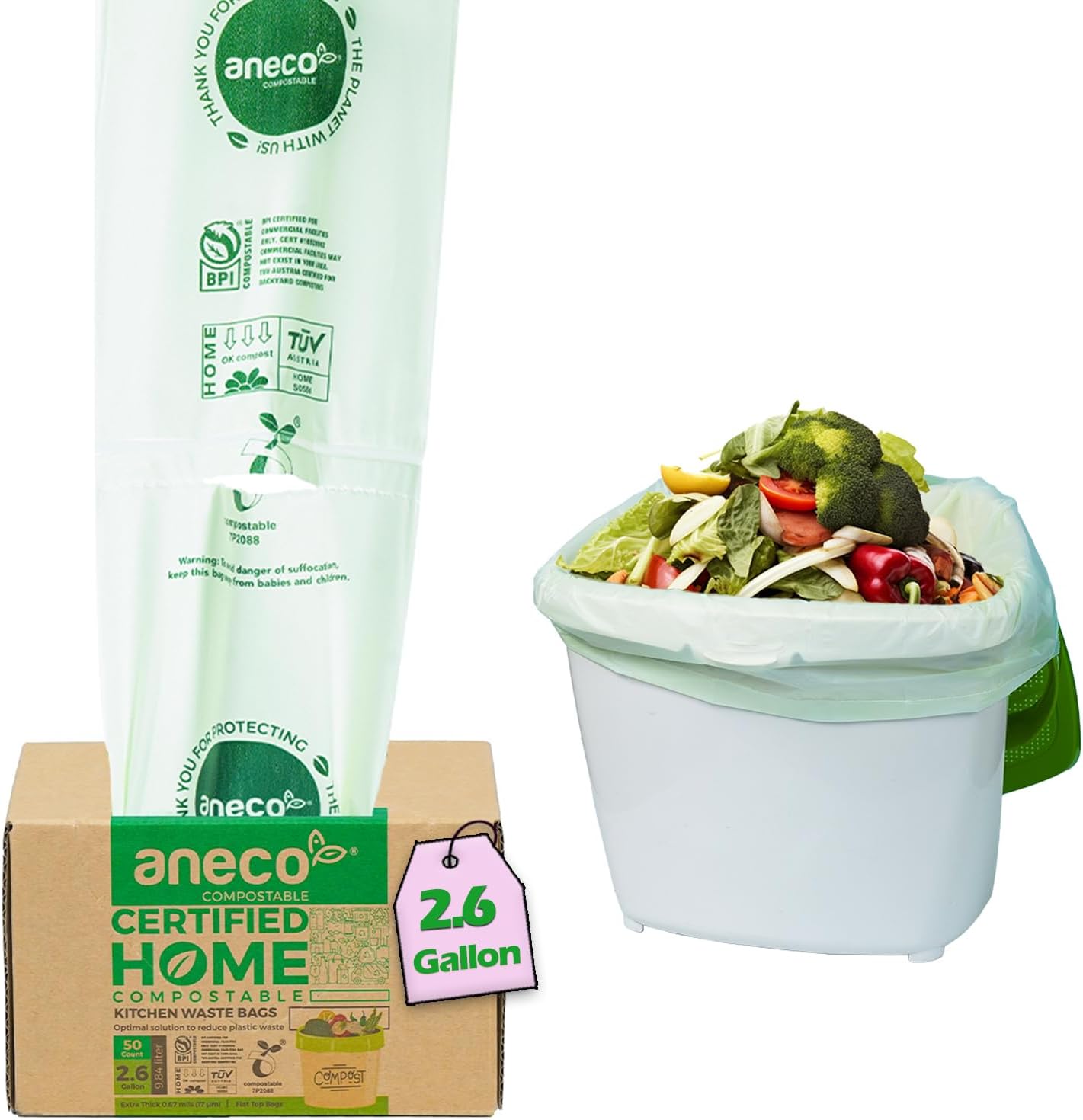 ANECO 100% Compostable Waste Bags 2.6 Gallon (Flat Top Bags, 50 Count) Extra Strong Kitchen Small