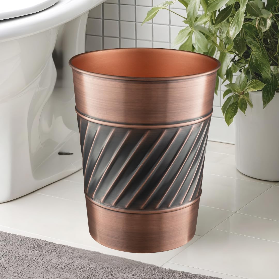 Monarch Abode Metal Wastebasket Trash Can, Handcrafted, Wave Embossed, Bathroom Decor, Antique