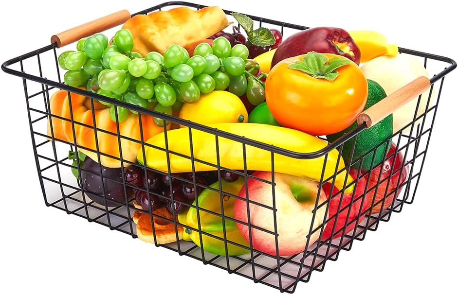 LeleCAT Large black wire baskets for Organizing with Wooden Handles for storage pantry, Storage