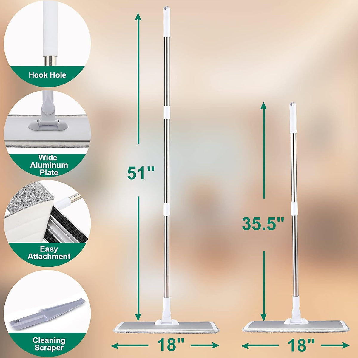 18" Professional Microfiber Mop Floor Cleaning System, Flat Mops with Stainless Steel Handle, 4