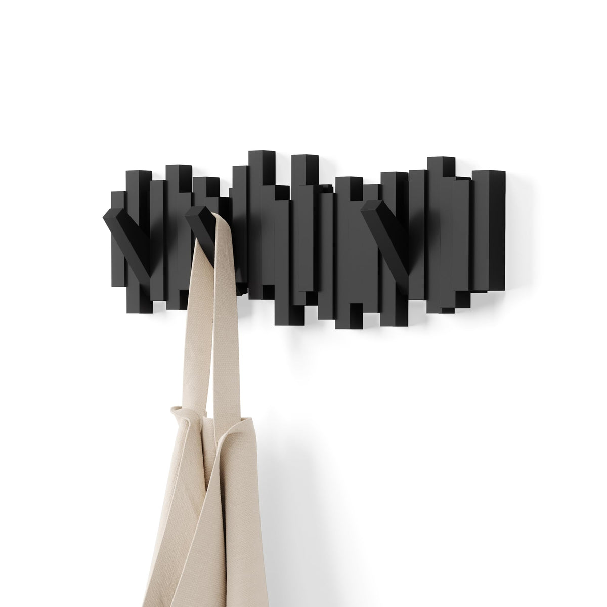 Umbra Sticks Wall Mount Coat Rack, 5 Hook Retractable Pegs, Black