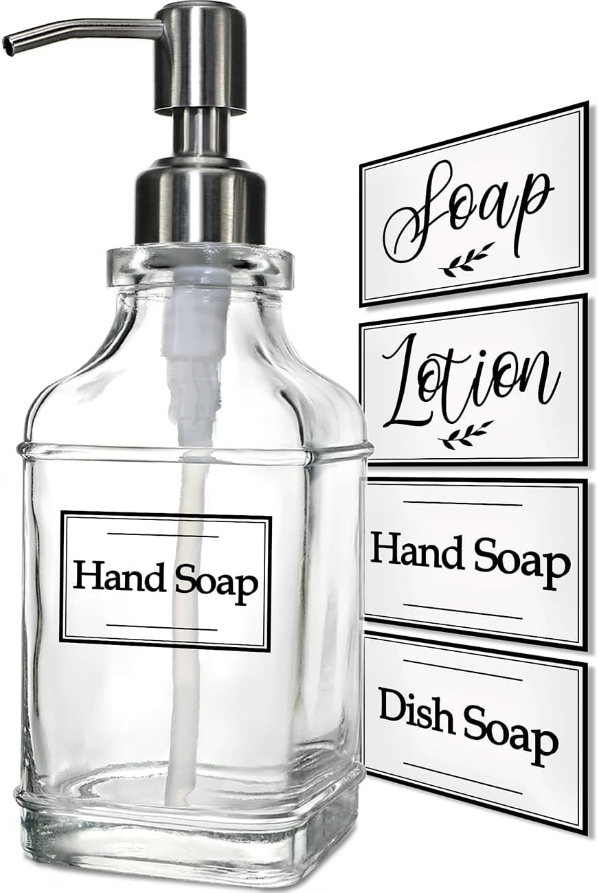 JASAI Antique Design Soap Dispenser with Rust Proof 304 Stainless Steel Pump, Refillable Clear