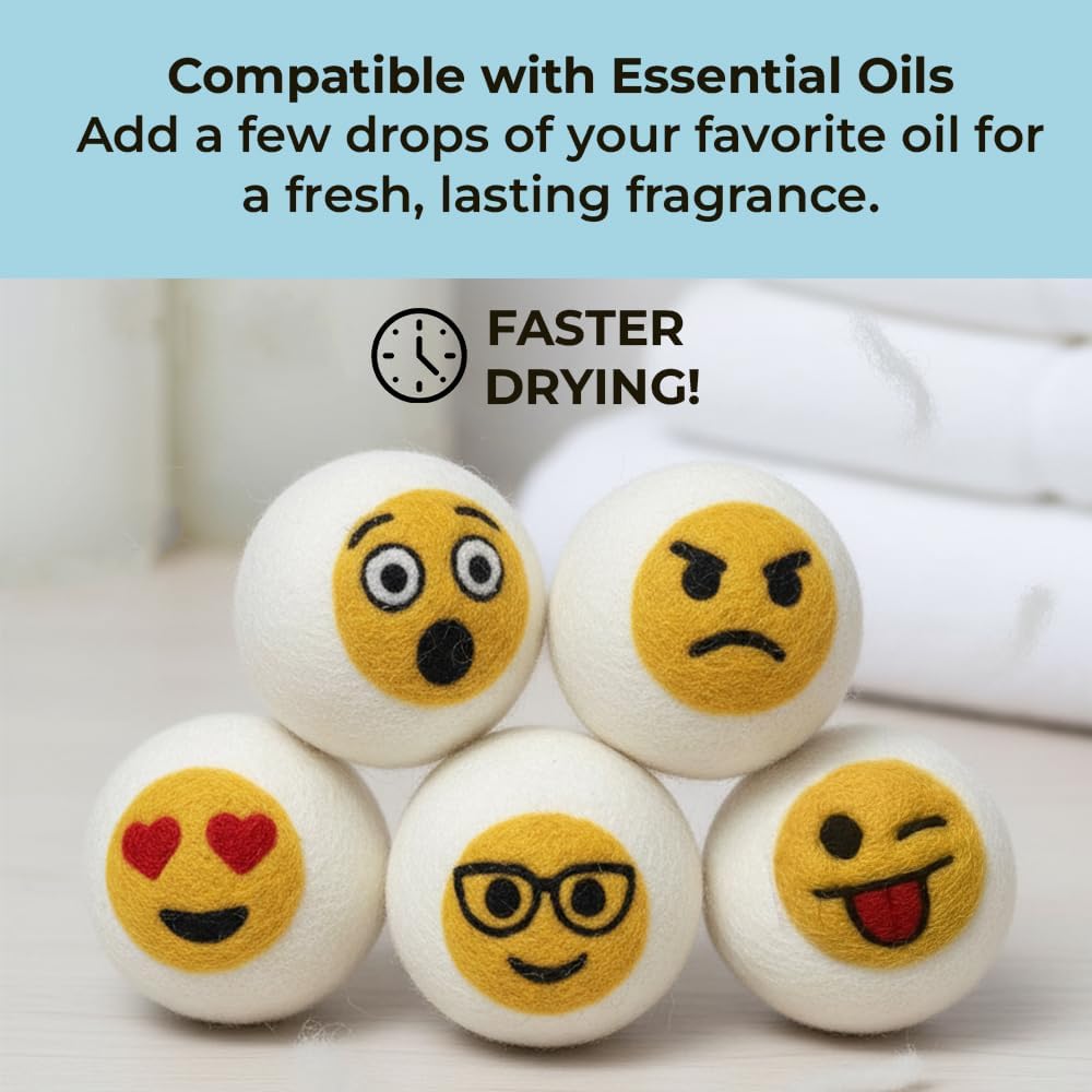 Ezhippie Quality Wool Dryer Balls - 6 XL Emoji Pack - 1000+ Loads - Pure Organic Wool - Reusable