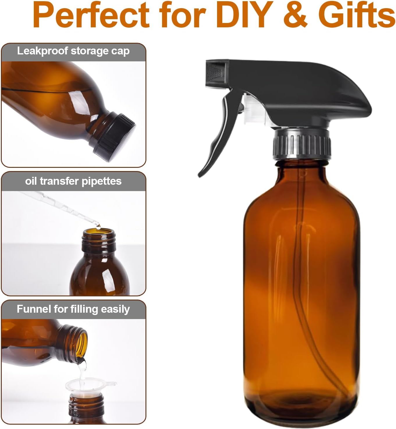 8oz Amber Glass Spray Bottles - 2 Pack Empty Refillable Bottles for Cleaning, Hair Care, Essential