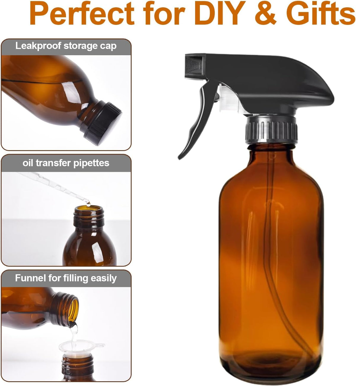 8oz Amber Glass Spray Bottles - 2 Pack Empty Refillable Bottles for Cleaning, Hair Care, Essential
