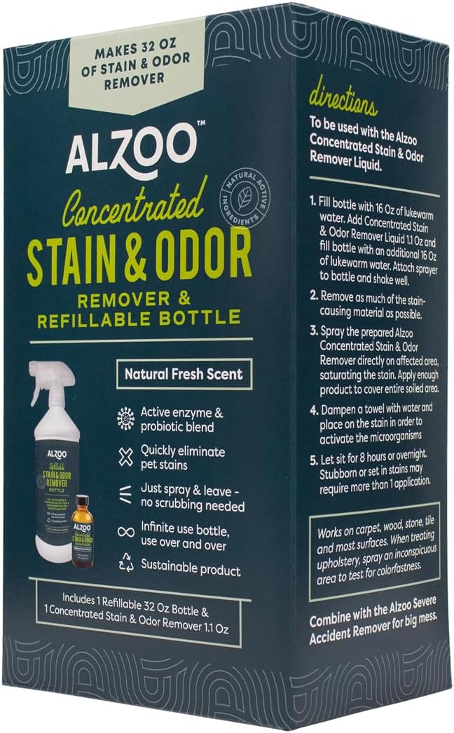 ALZOO Concentrated Stain & Odor Remover Bundle Bottle Set, Includes 32 Fl. Oz Refillable Bottle &