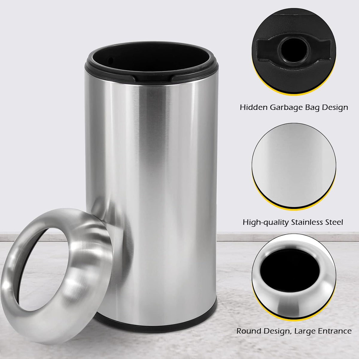 Dyna-Living Large Trash Can Outdoor Stainless Steel Garbage Can with Lid Open Top Tall Trash Bin