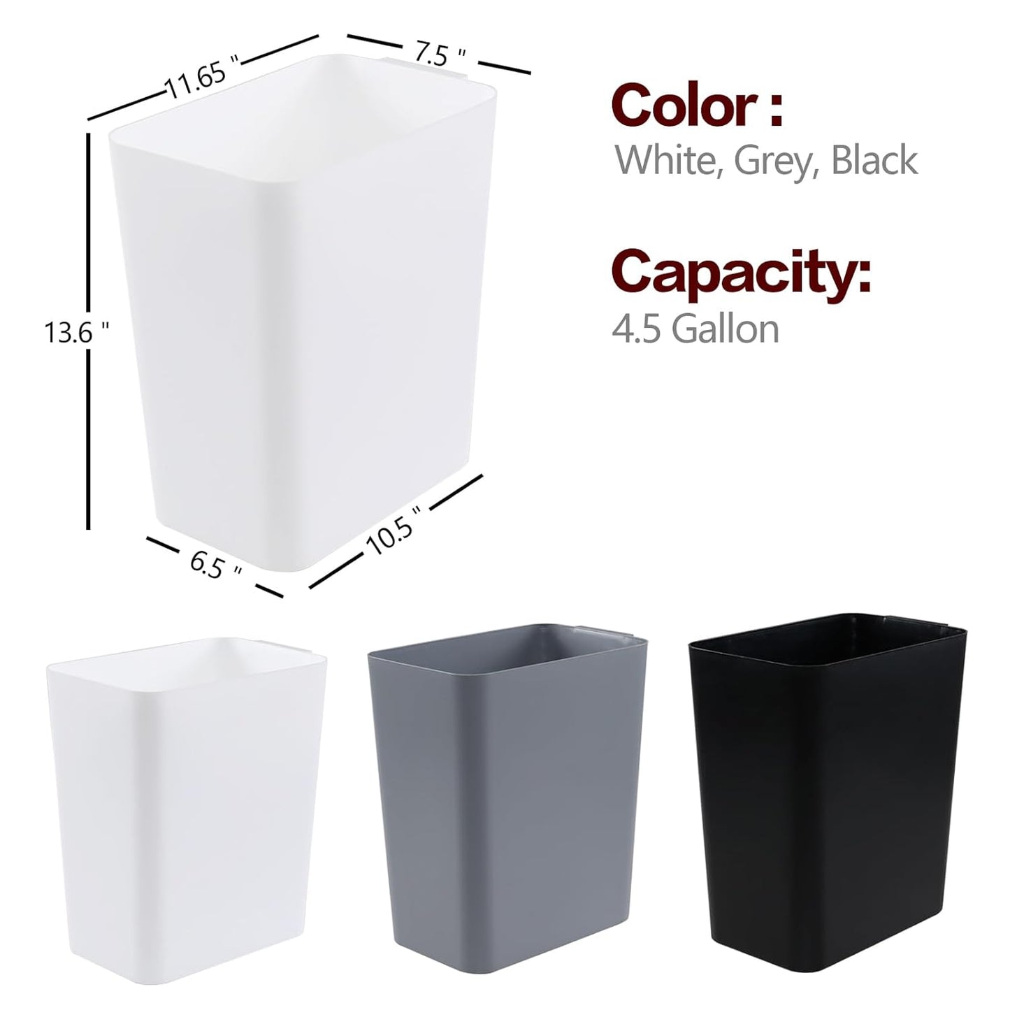 3-Pack 4.5 Gallon Trash Can, Waste Bin for Under Desk, Kitchen, Home, Office, White