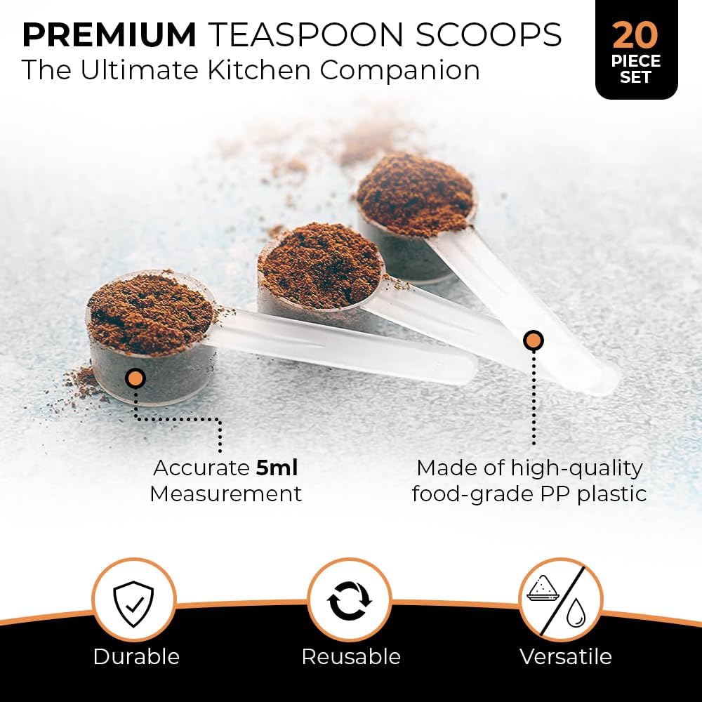 20 Measuring Spoons Set with Short Handle - 1 Teaspoon (5 ML) Clear Plastic Scoops for Creatine