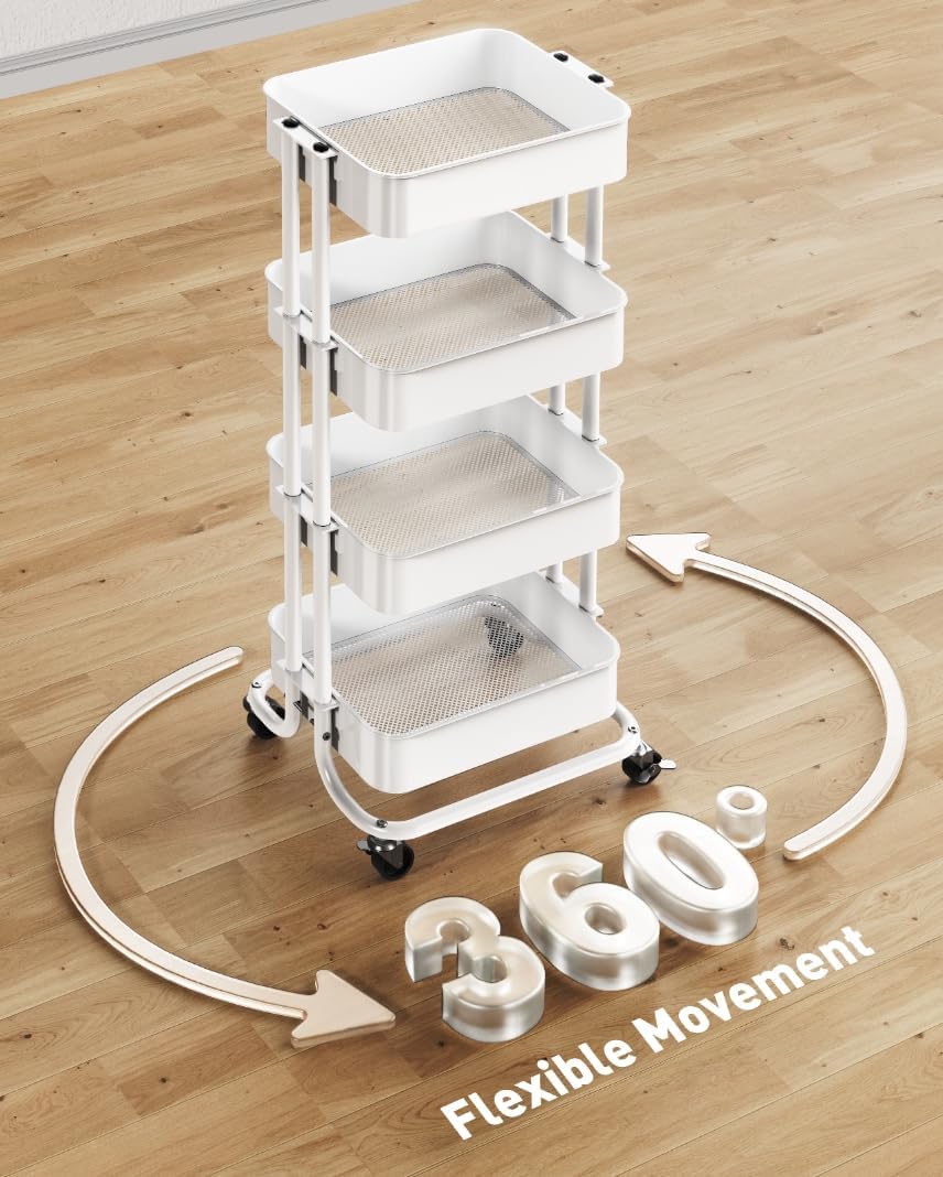 Pipishell 4 Tier Metal Rolling Utility Cart, Heavy-Duty Storage Rolling Cart with 2 Lockable