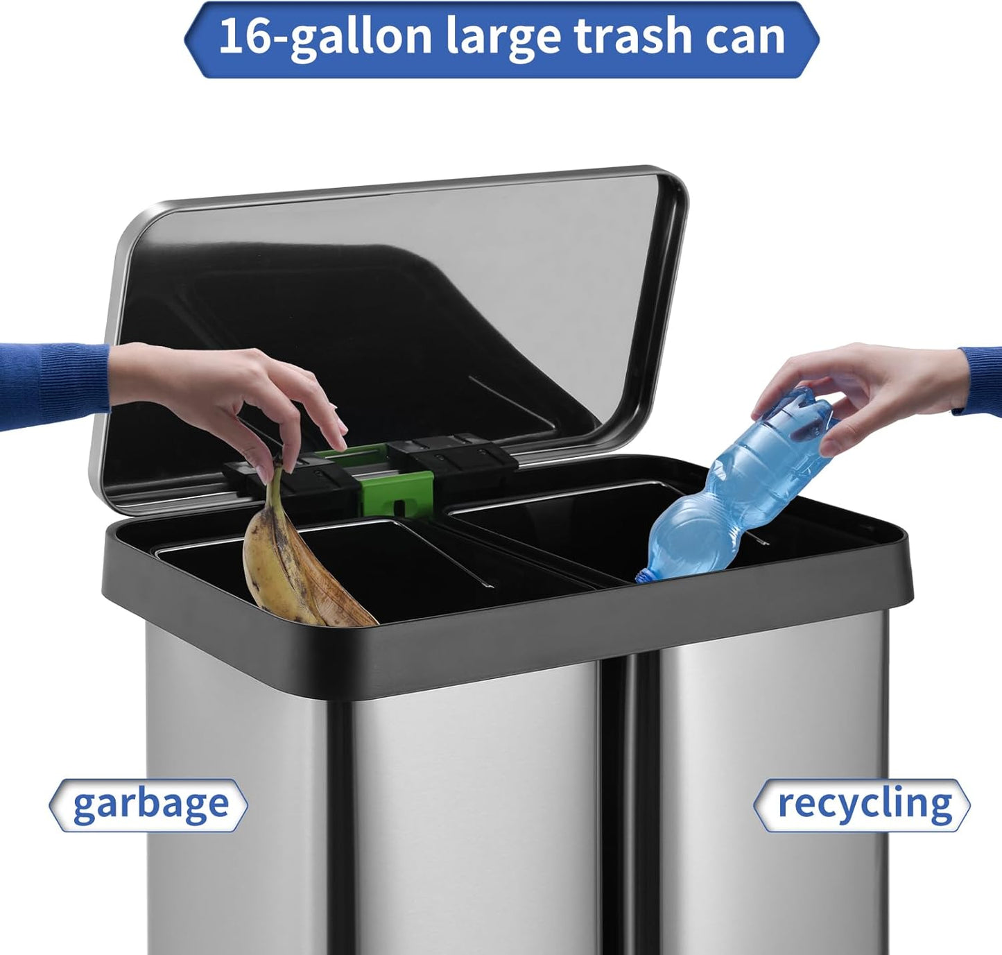 16 Gallon Dual Compartment Trash Can, Hands-Free Recycling Rectangular Garbage Bin, Stainless Steel