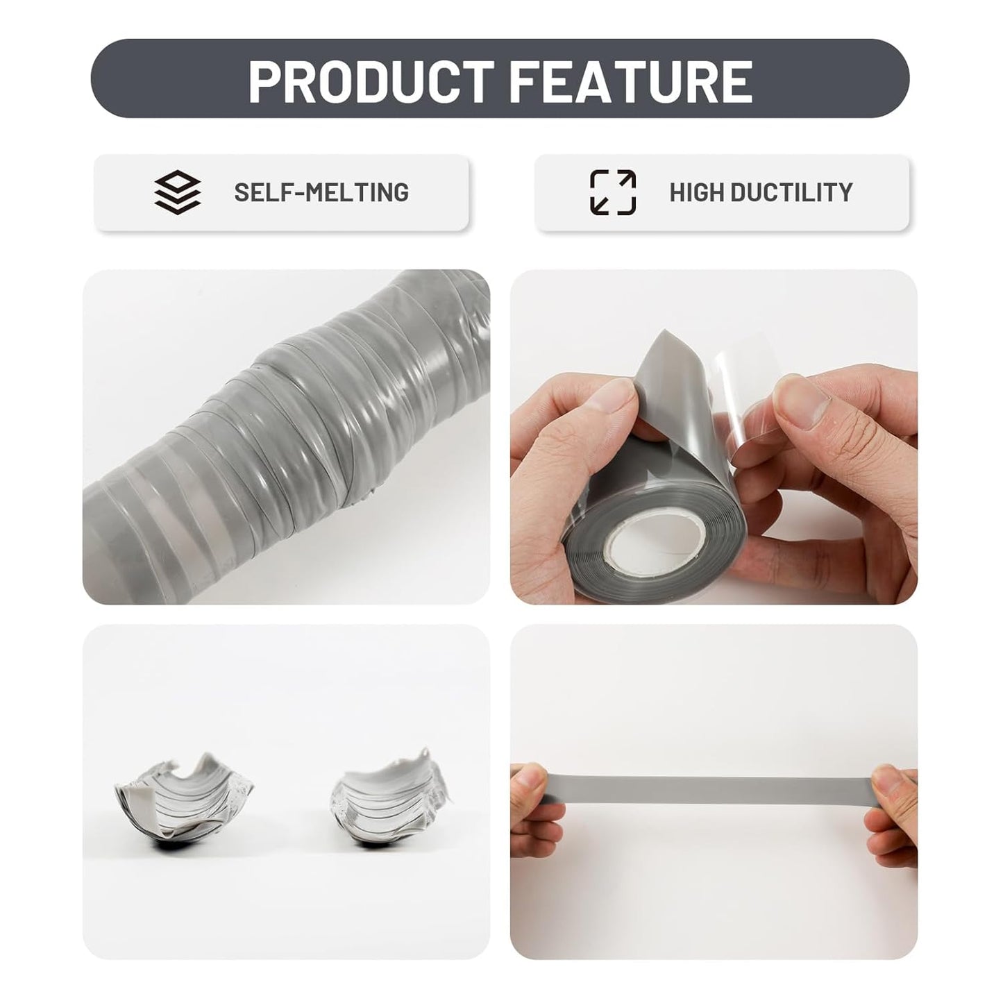 Self Fusing Silicone Tape 2 Rolls 1 in x 10' Grey Waterproof Rescue Tape Rubber Leak Silicone