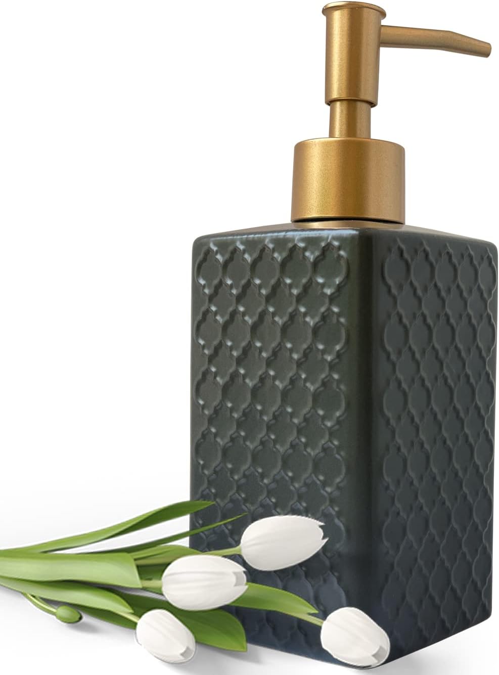 Gold Soap Dispenser for Bathroom,Retro Black Square Lotion Dispenser, Refillable Countertop Ceramic