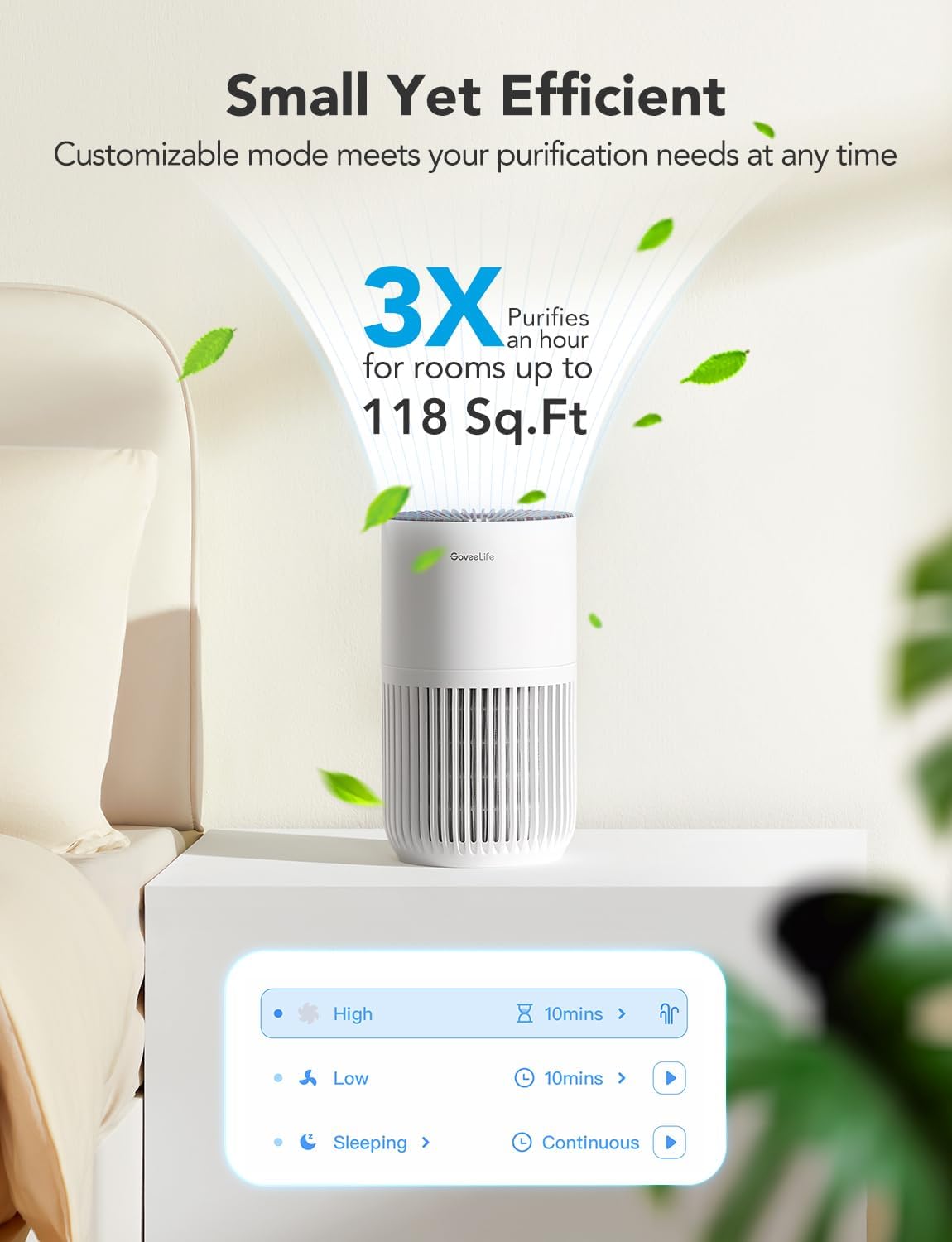 GoveeLife Mini Air Purifier for Bedroom, Smart Filter Air Purifier with App Alexa Control for Pet