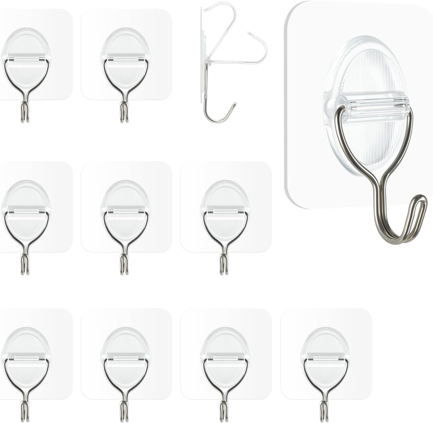 Adhesive Wall Hooks No Damage, Stick On Hooks for Hanging 10 Pack - Transparent Stainless Steel 5KG