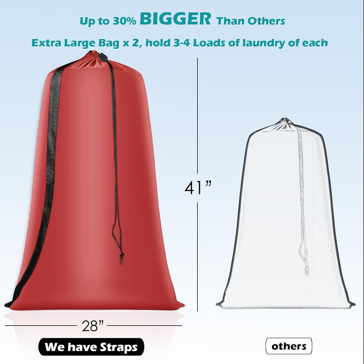 Heavy Duty Laundry Bag 2 Pack XL Nylon Laundry Bags with Straps, Washable Large Dirty Clothes