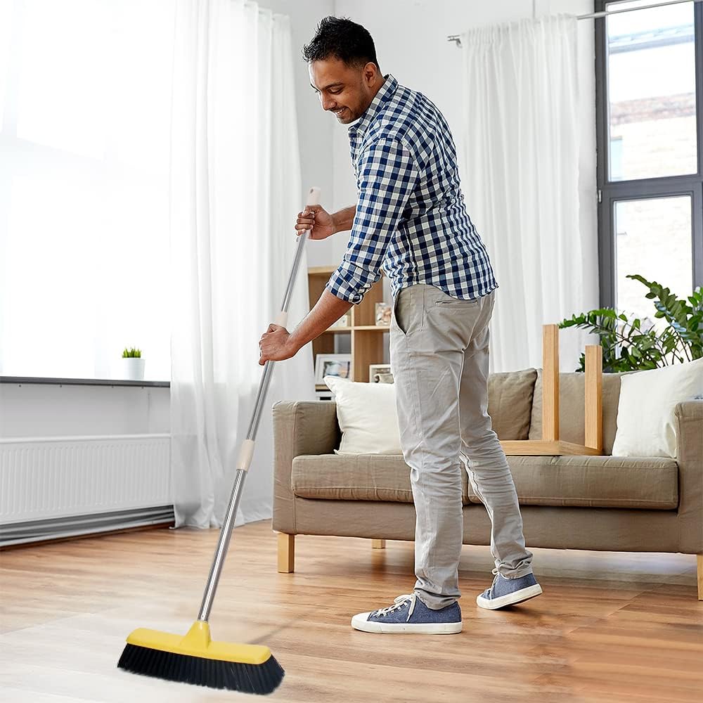 Push Broom with Long Handle, Floor Brush 49.6 inch Soft Bristle Broom 12.2" Wide for Cleaning