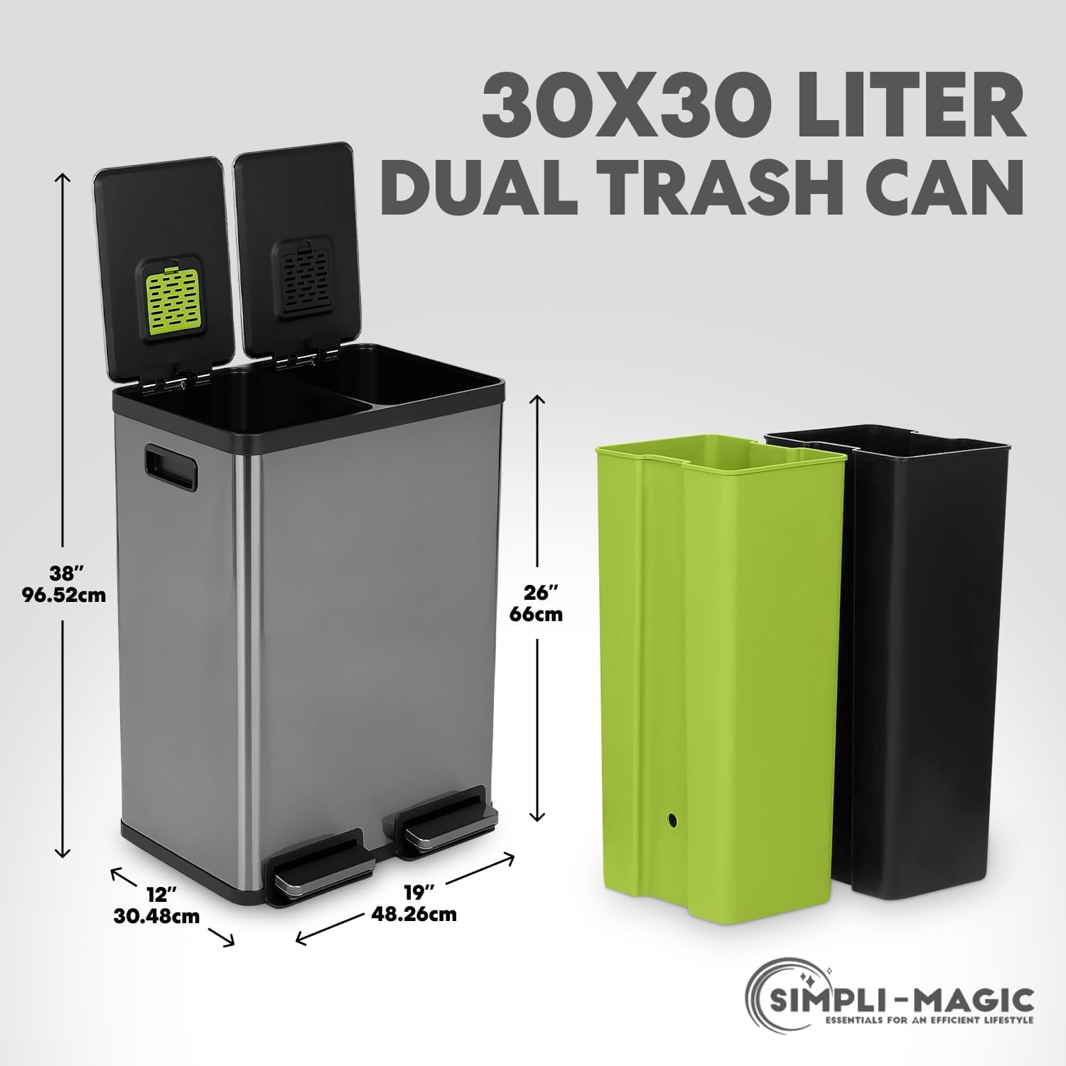 SIMPLI-MAGIC 16 Gallon (60L) Elegant Black Step Trash Can – Dual Compartment Kitchen Garbage Can